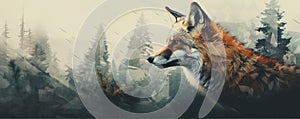 Wild red fox on wite background in wild nature. Fox design or graphic for t-shirt printing
