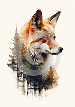 Wild red fox on wite background in wild nature. Fox design or graphic for t-shirt printing