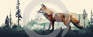 Wild red fox on wite background in wild nature. Fox design or graphic for t-shirt printing