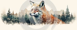 Wild red fox on wite background in wild nature. Fox design or graphic for t-shirt printing