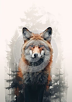 Wild red fox on wite background in wild nature. Fox design or graphic for t-shirt printing