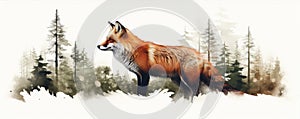 Wild red fox on wite background in wild nature. Fox design or graphic for t-shirt printing