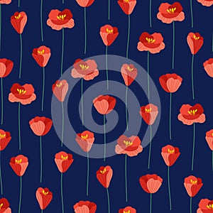 Wild red poppies on a dark blue background, seamless pattern