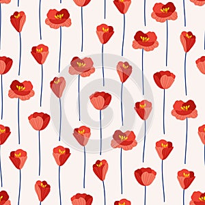 Wild red poppy flowers on a beige background, seamless pattern