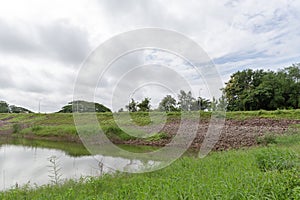 Wild river and green grass in summer cloudy landscape.