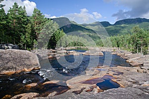 Wild river with rocks and forest, Norway