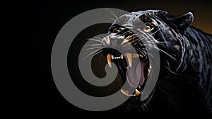 Wild roaring black panther showing fangs wide background with copy space