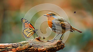 a wild robin (Erithacus rubecula) with stunning colours and a monarch butterfly photo