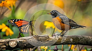 A wild robin with stunning colourful and a monarch butterfly standing on a branch photo