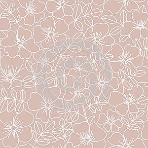 Wild rose floral doodle seamless pattern. Cute neutral lace summer blooming petals on delicate background.