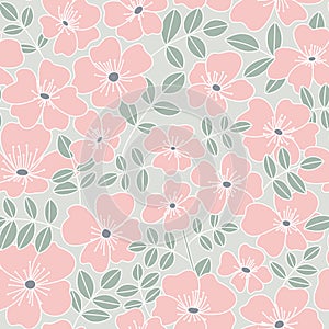 Wild rose floral doodle seamless pattern. Cute neutral summer blooming petals on delicate background.