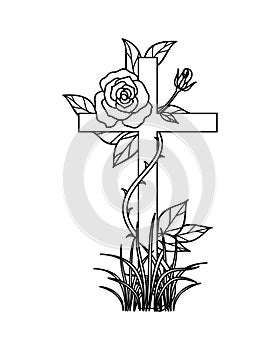 Wild rose grow up over graveyard and slither christ cross photo