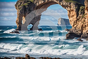 A wild and rugged coastline meets the relentless assault of crashing waves, carving out dramatic sea arches and caverns