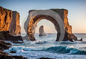 A wild and rugged coastline meets the relentless assault of crashing waves, carving out dramatic sea arches and caverns