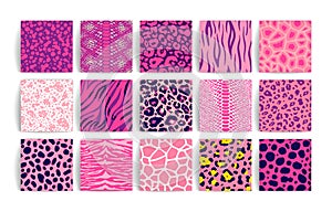 Wild safari animal seamless pattern pink collection. Vector leopard, cheetah, tiger, giraffe, zebra, snake skin texture