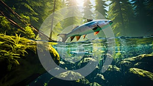 Wild salmon fish jumping out of river water