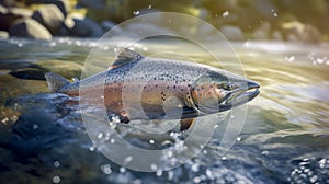 Wild salmon fish jumping from the water and swimming against the current in a high mountain river