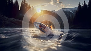 Wild salmon fish jumping from the water and swimming against the current in a high mountain river