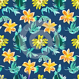 Seamless floral pattern with tropical flowers, Vector photo