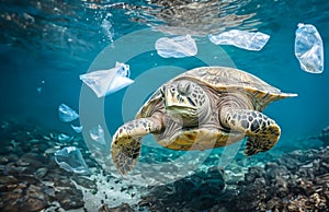 Wild sea turtle with plastic bags swimming underwater representing concept of environmental pollution.