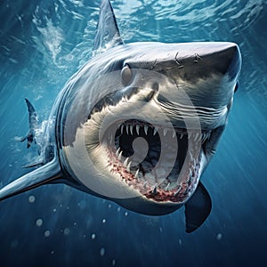 Realistic Shark With Open Mouth In Ocean Water photo