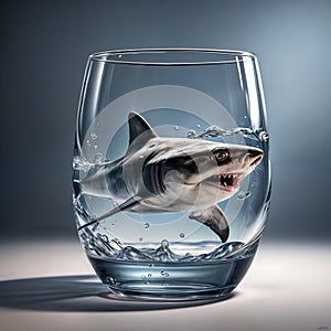 Wild shark swims in the water in a glass transparent glass