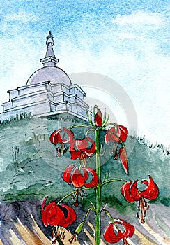 Wild siberian lilies on Ogoy island on Baikal lake against the backdrop of a Buddhist stupa , watercolor graphice drawing, travel