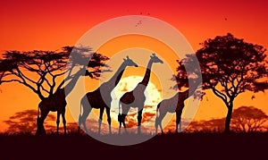 wild silhouette safari wildlife nature africa elephant animal giraffe sunset. Generative AI.