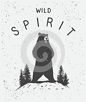 Wild spirit. Vector label with Bear