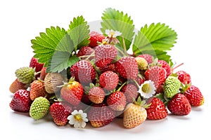 Wild strawberries with leaves on a white background