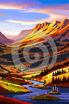 Wild terrain with river and forest against backdrop mountains. autumn landscape