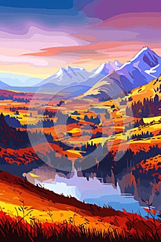 Wild terrain with river and forest against backdrop mountains. autumn landscape