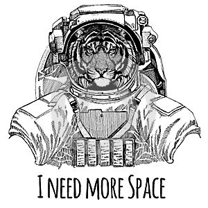 Wild tiger Astronaut. Space suit. Hand drawn image of lion for tattoo, t-shirt, emblem, badge, logo patch kindergarten