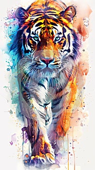 Wild tiger design vertical portrait in multicolor watercolor style