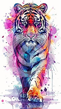 Wild tiger design vertical portrait in multicolor watercolor style