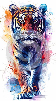 Wild tiger poster design portrait in vivid multicolor watercolor style