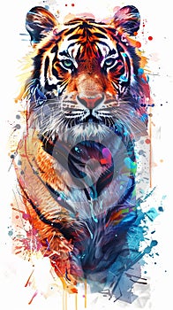 Wild tiger poster design portrait in vivid multicolor watercolor style