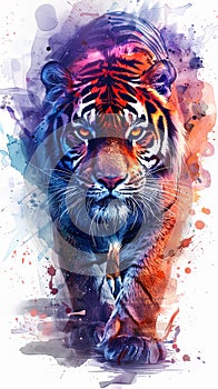 Wild tiger poster design portrait in vivid multicolor watercolor style