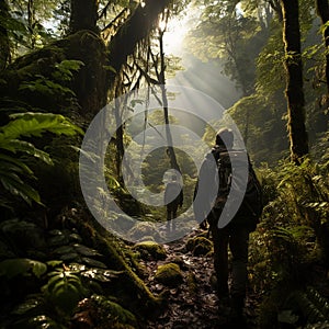 Into the Wild: Trekking through Untamed Wilderness, with Sunlight Peering through the Canopy