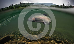 Wild trout underwater view, mountain strem river.