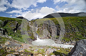 A wild, turbulent mountain river in the Sarek National Park, Sweden.