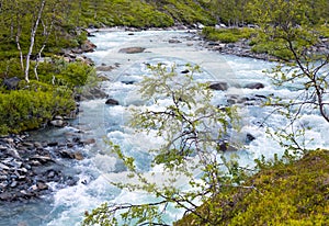 A wild, turbulent mountain river in the Sarek National Park, Sweden.