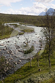 A wild, turbulent mountain river in the Sarek National Park, Sweden.