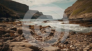 Wild, unspoiled and deserted rocky beach with high cliffs and an island in the background