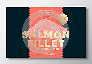 Wild Water Salmon Abstract Vector Packaging Label Design Template. Modern Typography Banner, Hand Drawn Fish Fillet