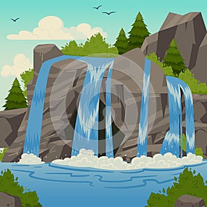Wild waterfall landscape. Cartoon mountain river waterfall with rocks and trees, seething water cascade flat vector illustration