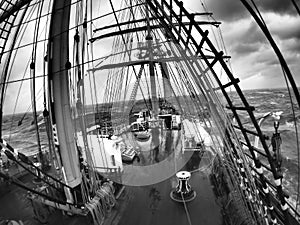 Wild weather at sea on a traditional tallship or sailing vessel