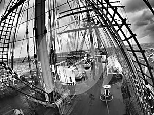 Wild weather at sea on a traditional tallship or sailing vessel