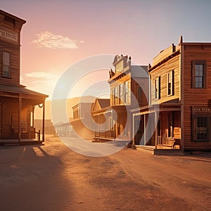 Wild west abandoned frontier town with wooden buildings. sunset