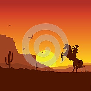 Wild west american desert landscape with cowboy on horse